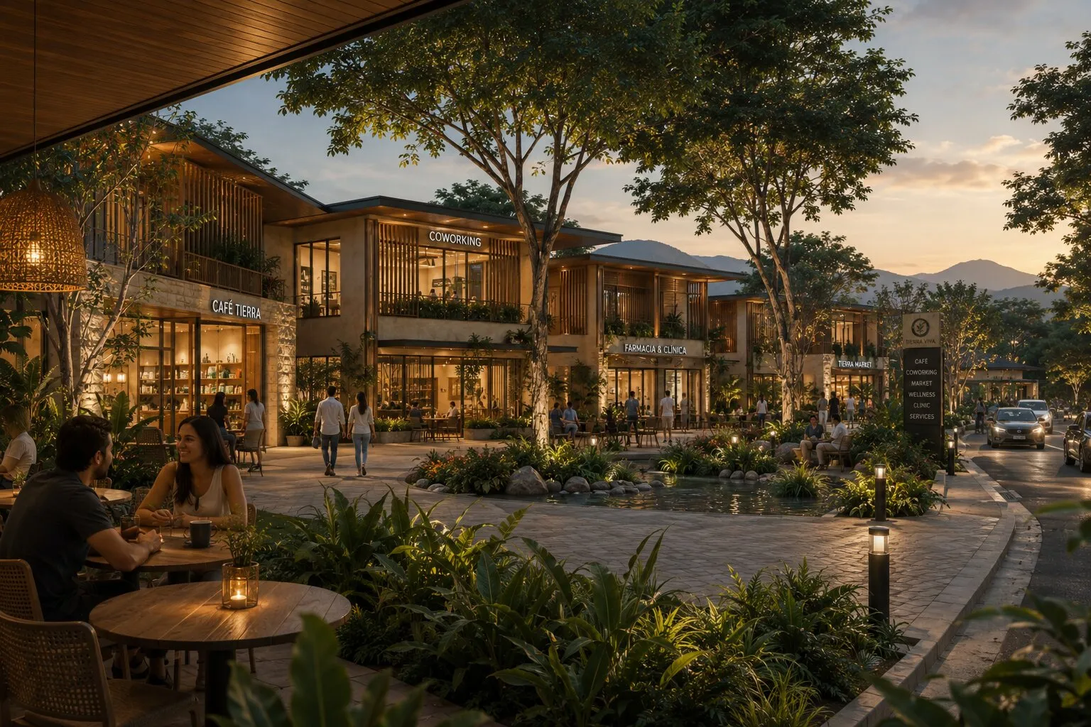 Concept rendering of a neighborhood commercial street at dusk with cafés, shops and outdoor seating.