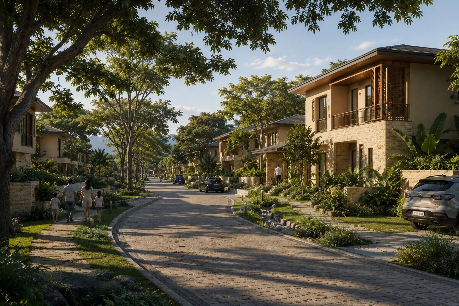 Concept rendering of a tree-lined residential street with townhomes and families walking.