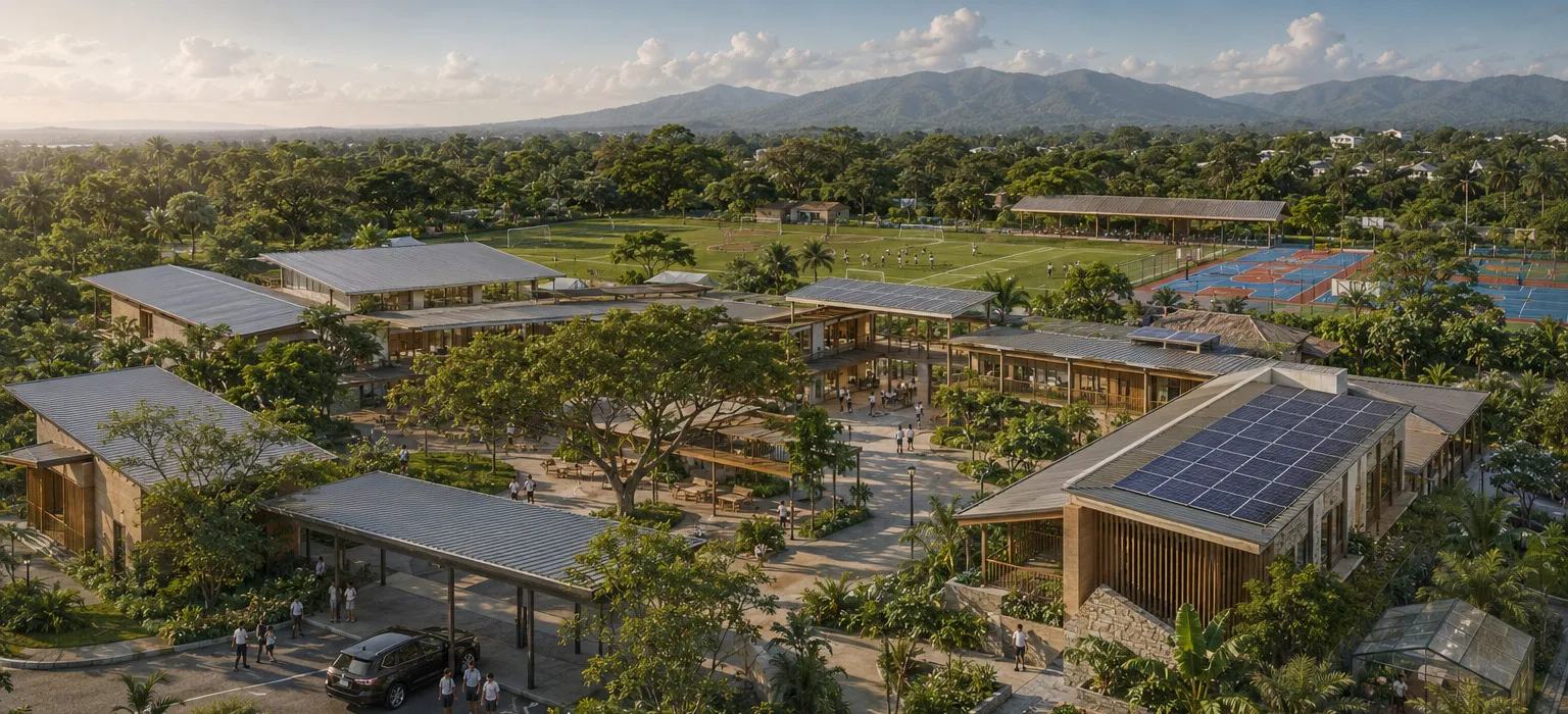 Aerial concept rendering of a school campus with shaded walkways, gardens and playing fields set among trees and mountains.